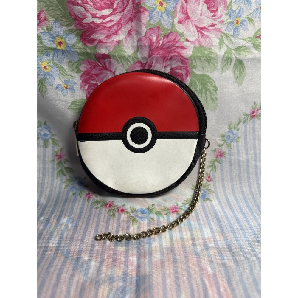 Pokémon Poké Ball Coin Purse 5x5" Round Zipper Pouch with Gold Chain Red‎ White